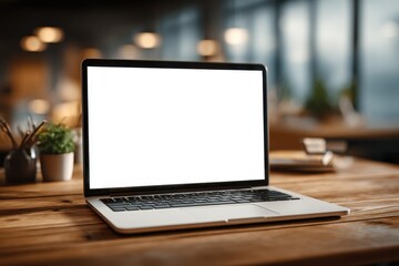 Fototapeta premium A modern laptop with a blank white screen sits on a wooden desk in a bright office, displaying a screen ready for content, surrounded by office supplies and natural light.