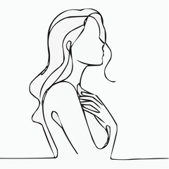 Line art of a woman holding her chest in a minimalist style  
