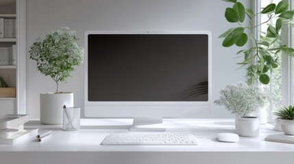 Modern white workspace with monitor, keyboard, mouse, potted plants, and books on a clean desk. Minimalist setup with natural and organized appeal