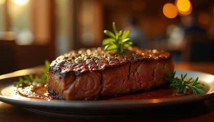Steak placed on polished chrome platter in restaurant