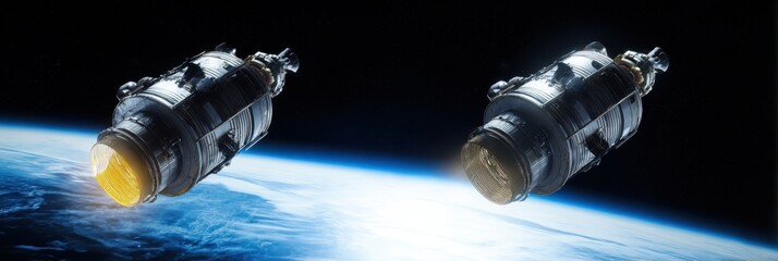 Two spacecraft in orbit around Earth, showcasing advanced technology and exploration in the vastness of space