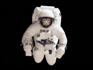 A whimsical astronaut cat floats in space, wearing a full spacesuit with an expressive face, blending humor and the wonder of exploration