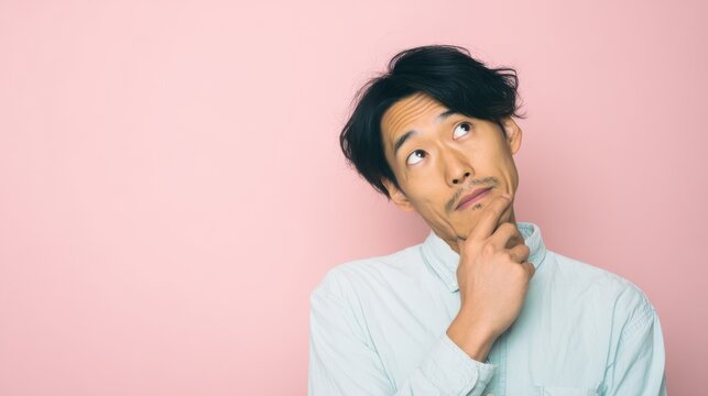 Japanese man tilting his head in thoughtful curiosity against a pastel-colored solid background