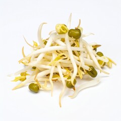 Bean Sprouts on Isolated White Background – Fresh Mung Bean Shoots with Crisp Texture and Studio Lighting