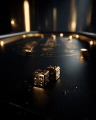 Luxurious gold dice rest on a dark, reflective surface, illuminated by warm lighting, evoking an air of sophistication and chance