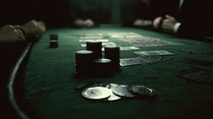 A tense poker game unfolds on a green felt table, with stacks of chips and cards in play, set against a dimly lit, atmospheric backdrop