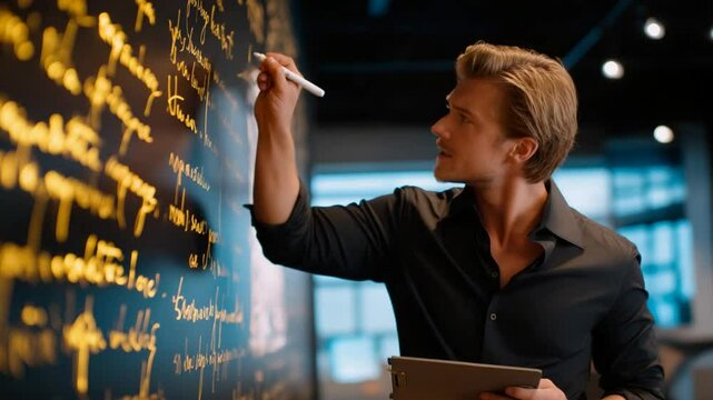 Director pointing at illuminated mission statement on the wall