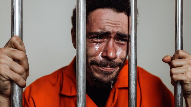 A man in an orange prison uniform cries behind bars, conveying deep sorrow and emotional distress