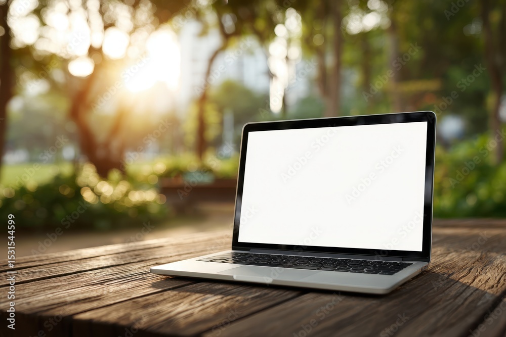 Fototapete a modern laptop on a rustic wooden table with a blurred background of a sunny park, showing a blank 