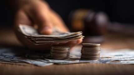 A hand holds a stack of cash while two towers of coins stand in the foreground, symbolizing financial management and wealth accumulation