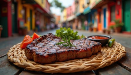 Steak served on woven straw mat in colorful outdoor Mexican market