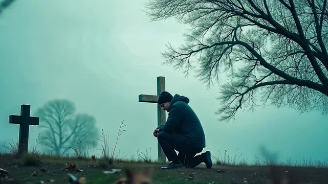 Lonely silhouette, grieving person, mournful setting. Emotional grief. Solitary figure reflects during foggy morning. Gravesite embodies personal loss atmosphere. Sorrowful mood enhances mourning