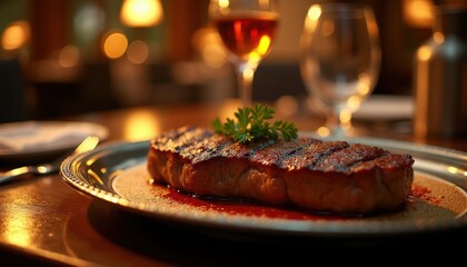 Steak placed on polished chrome platter in restaurant