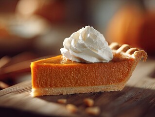 close-up macro shot of pumpkin pie slice with whipped cream, kitchen background softly blurred, photorealistic