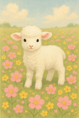 Adorable lamb in vibrant flower field under clear blue sky