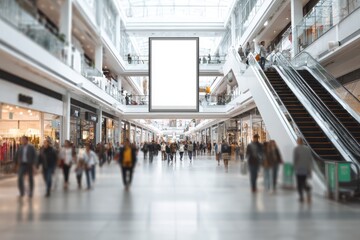 A blank advertising billboard in a shopping mall, with blurred people walking by, and a modern design, in a big, modern commercial center, advertising space available.