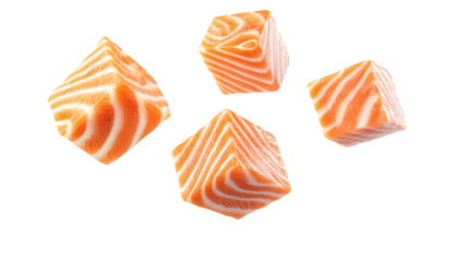Flying 3D cubes of raw salmon with marbled fat and texture isolated on white background 