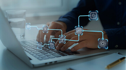 Businessman using a computer to Cloud service to document management and digital files storage and transfer. doc sharing and file access, backup and sync data, online documentation database technology
