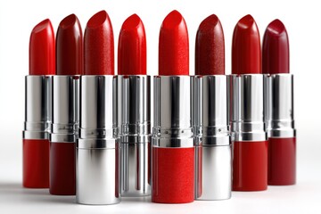 Obraz premium A vibrant collection of red lipsticks in sleek silver tubes, standing elegantly against a white backdrop, perfect for beauty product promotions and cosmetic designs.