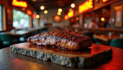 Steak on rustic stone slab in surrounded by vintage neon signs in bar