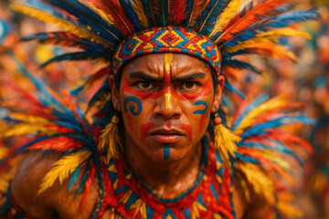 Vibrant indigenous warrior in traditional feather headdress and face paint showcasing cultural heritage
