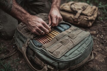 Close-up of a man loading brass ammunition into a tactical backpack in the outdoors, showcasing firearm equipment preparation, readiness and the shooting range lifestyle.