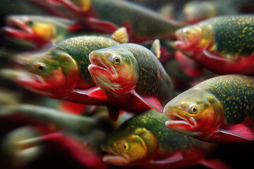 Group of fish swimming in water towards camera, closeup wide angle underwater photo. Generative AI