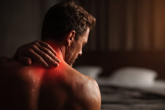 A man with neck and shoulder pain, rubbing his aching muscles to relieve pain and discomfort, highlighted in red indicating inflammation and soreness, bedroom setting.