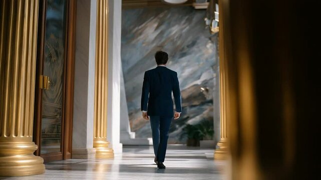 Walking through a courthouse corridor with determination