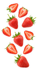 strawberry slices falling down PNG. whole strawberries and strawberry pieces flying isolated. Fresh and organic strawberry fruit scattered PNG. Berry fruit strawberry isolated