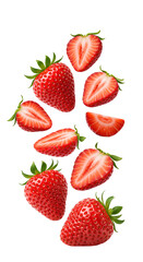 strawberry slices falling down PNG. whole strawberries and strawberry pieces flying isolated. Fresh and organic strawberry fruit scattered PNG. Berry fruit strawberry isolated