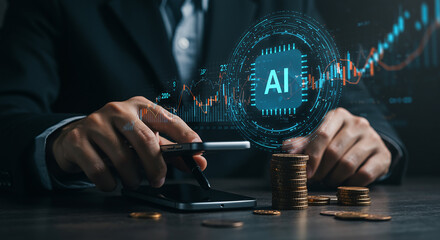 Person using smartphone A I technology financial data analysis gold coins