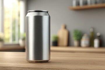 Obraz premium A chilled aluminum soda can stands on a wooden kitchen counter, a refreshing and minimalistic studio shot, perfect for beverage advertising and product presentations.