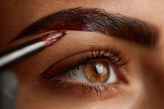 Close up image of a woman applying tint to her eyebrows with a brush, enhancing beauty and style, capturing brow shaping and definition, showing natural-looking tint.