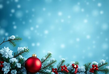 Classic blue toned Christmas background featuring subtly textured snowy scene with evergreen boughs and ornaments, winter, branches
