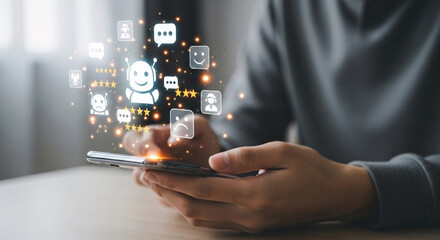 Person using smartphone with glowing customer feedback icons.