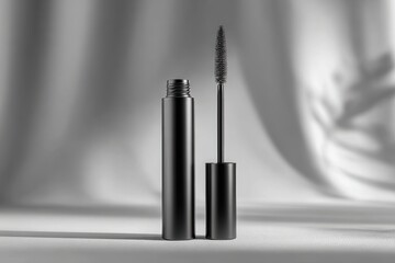 Obraz premium Elegant black mascara tube and brush, showcasing beauty and sophistication with a modern minimalist aesthetic on a bright neutral background.