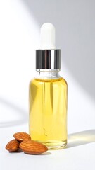 Almond Oil in Clear Dropper Bottle on Isolated White Background – Refined Oil with Mild Nut Flavor and Soft Shadow Effect