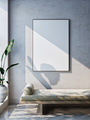 Frame mockup, ISO A paper size. Living room wall poster mockup. Interior mockup with house background. Modern interior design. 3D render

