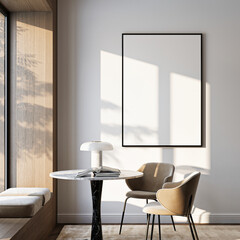 Frame mockup, ISO A paper size. Living room wall poster mockup. Interior mockup with house background. Modern interior design. 3D render 