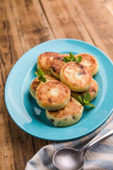Cottage cheese pancakes. Tasty breakfast food. Syrniki