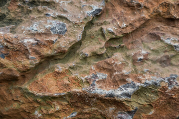 This image showcases the intricate textures and varied colors of a rock surface, including reddish-brown, greenish, and gray tones with visible mineral deposits. The detailed and rugged look makes it 