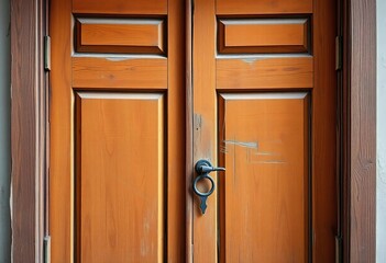 A weathered, brown wooden office door, closed, showing age and texture,  interior,   old wood