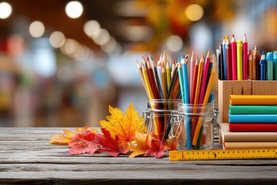 A vibrant back-to-school display featuring colorful pencils, books, and autumn leaves, arranged on a rustic wooden table in a warmly lit classroom setting.