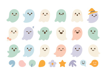 Obraz premium Vector set of cute pastel ghosts with playful expressions and accessories. Perfect for Halloween designs, kids’ products, kawaii-style graphics, and spooky-but-sweet content.