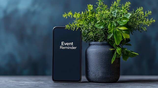 A sleek smartphone displaying an 'Event Reminder' on its screen next to a stylish planter with lush greenery.