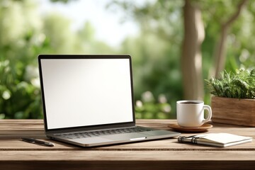 Fototapeta premium A laptop with a blank screen and a cup of coffee on a wooden table, creating an ideal working environment, surrounded by refreshing greenery and a peaceful atmosphere.