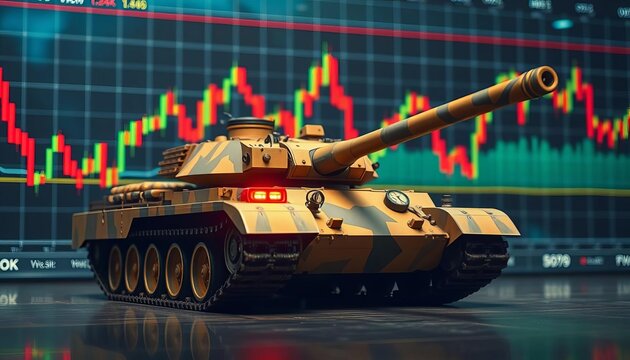 Battle tank imposingly positioned against dynamic stock market graph backdrop,  economy,   growth