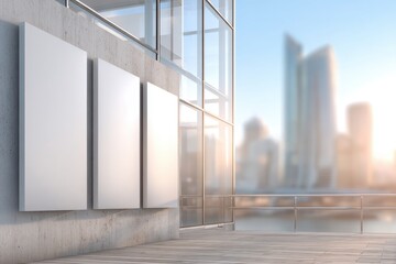 Obraz premium Three blank vertical signs on a concrete wall of a modern office building offering space for advertisement or branding, overlooking the city skyline.