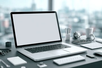 Fototapeta premium A modern and clean workspace featuring a laptop with a blank white screen for mockups, surrounded by stylish accessories creating a productive and minimalist atmosphere.